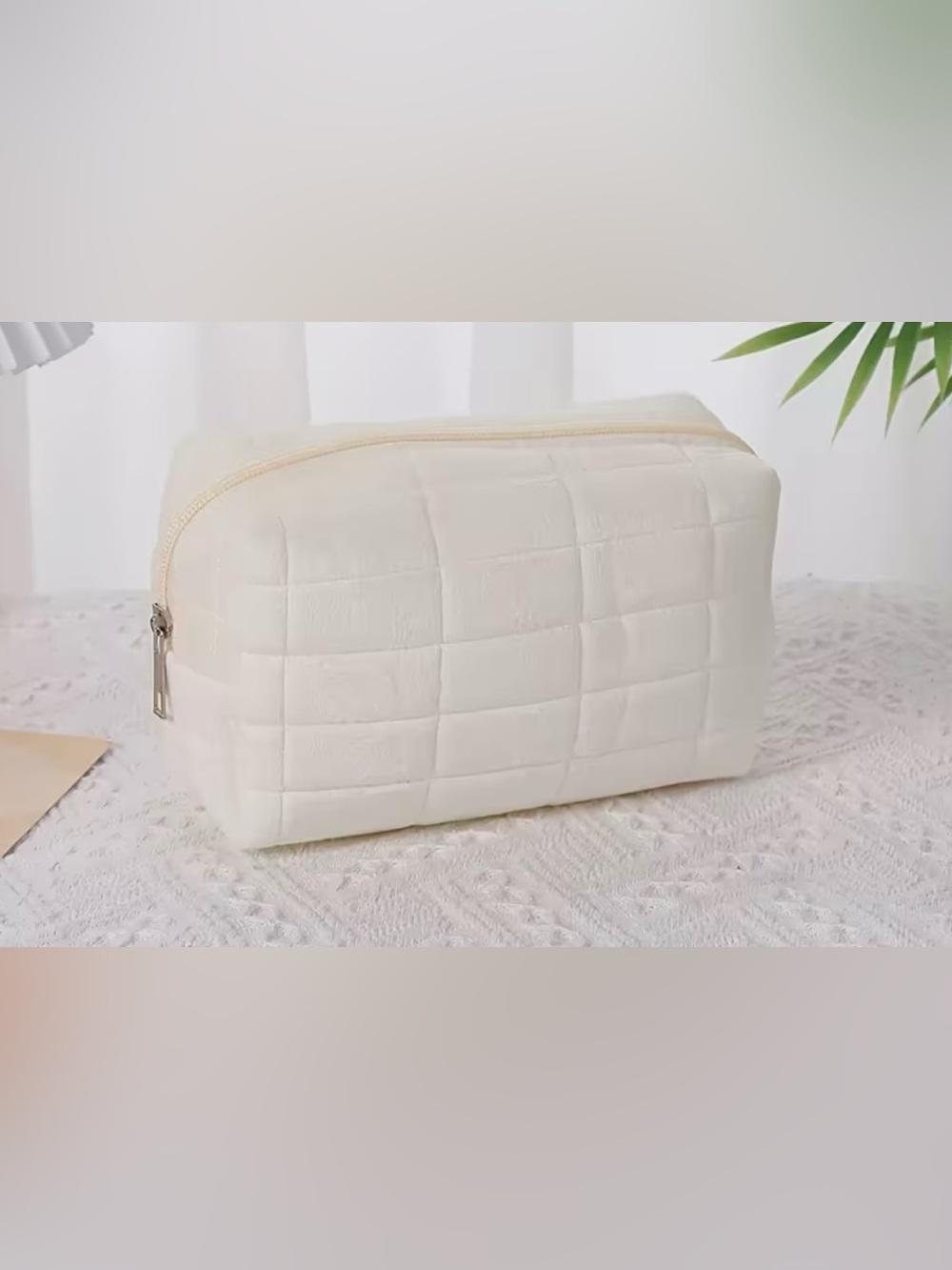 Quilted White Cosmetic Pouch